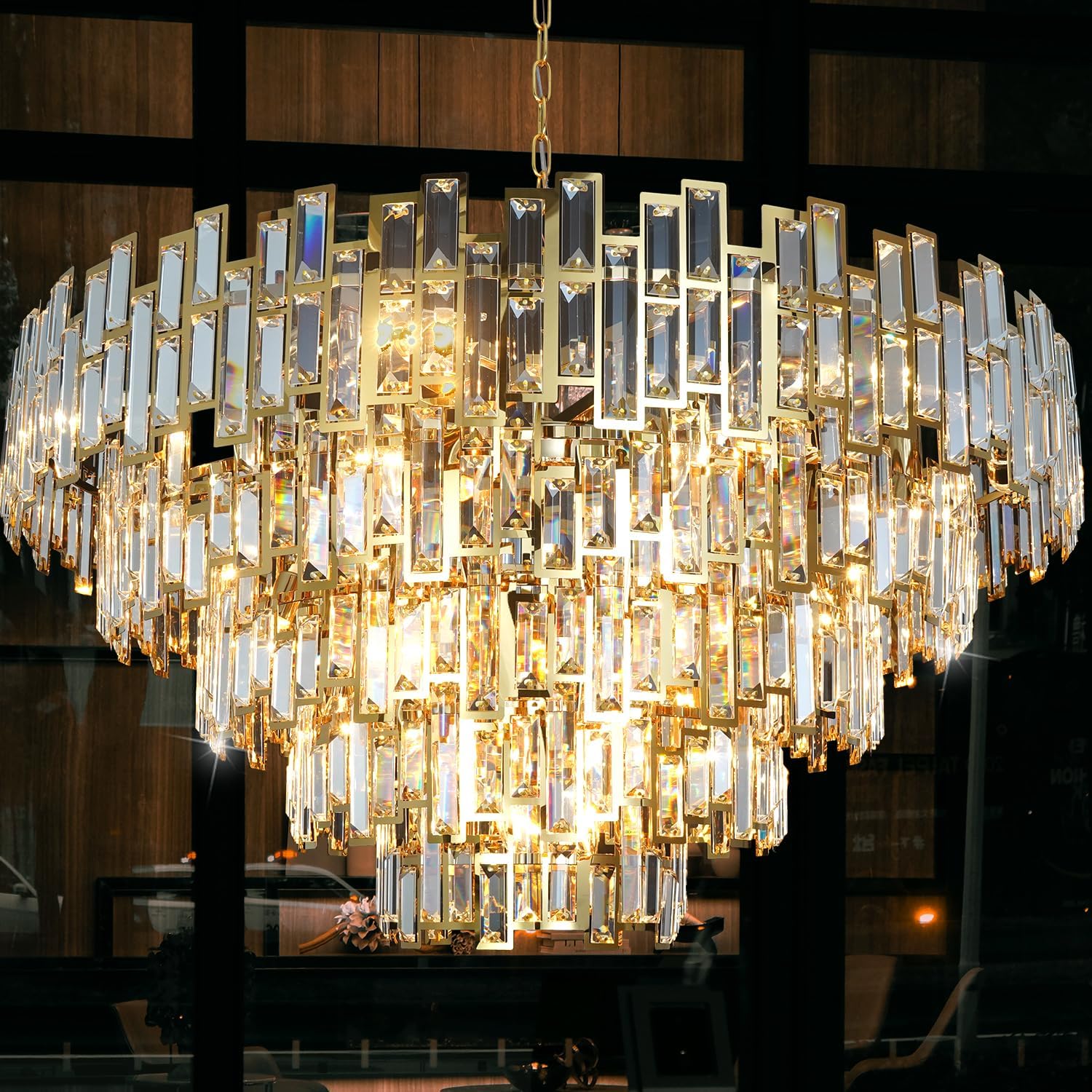 Gold Crystal Chandelier Lighting Modern Ceiling Hanging Pendant Lamp D17.7/24.4/38.5''