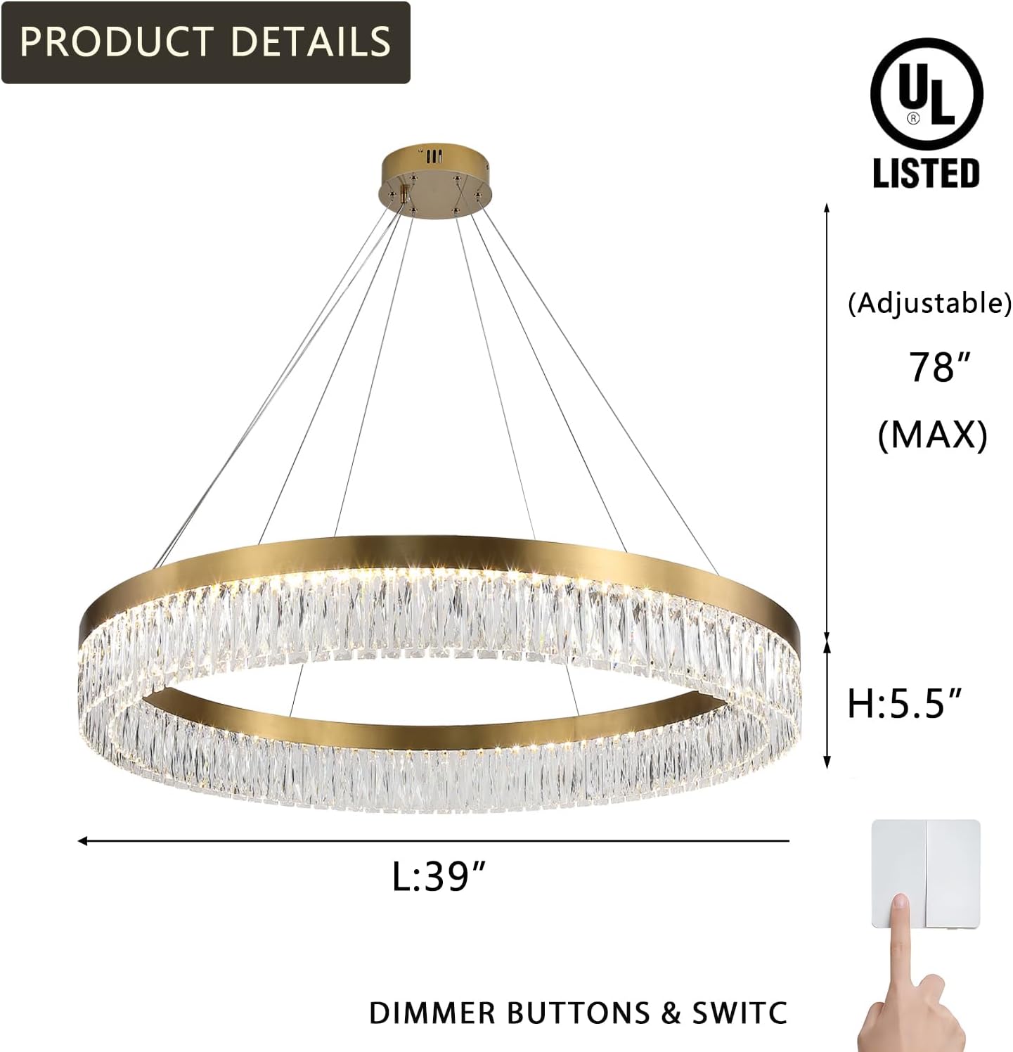 Meerosee Gold Chandelier Modern 1 Rind LED Crystal Pendant Lighting Dimmable Light