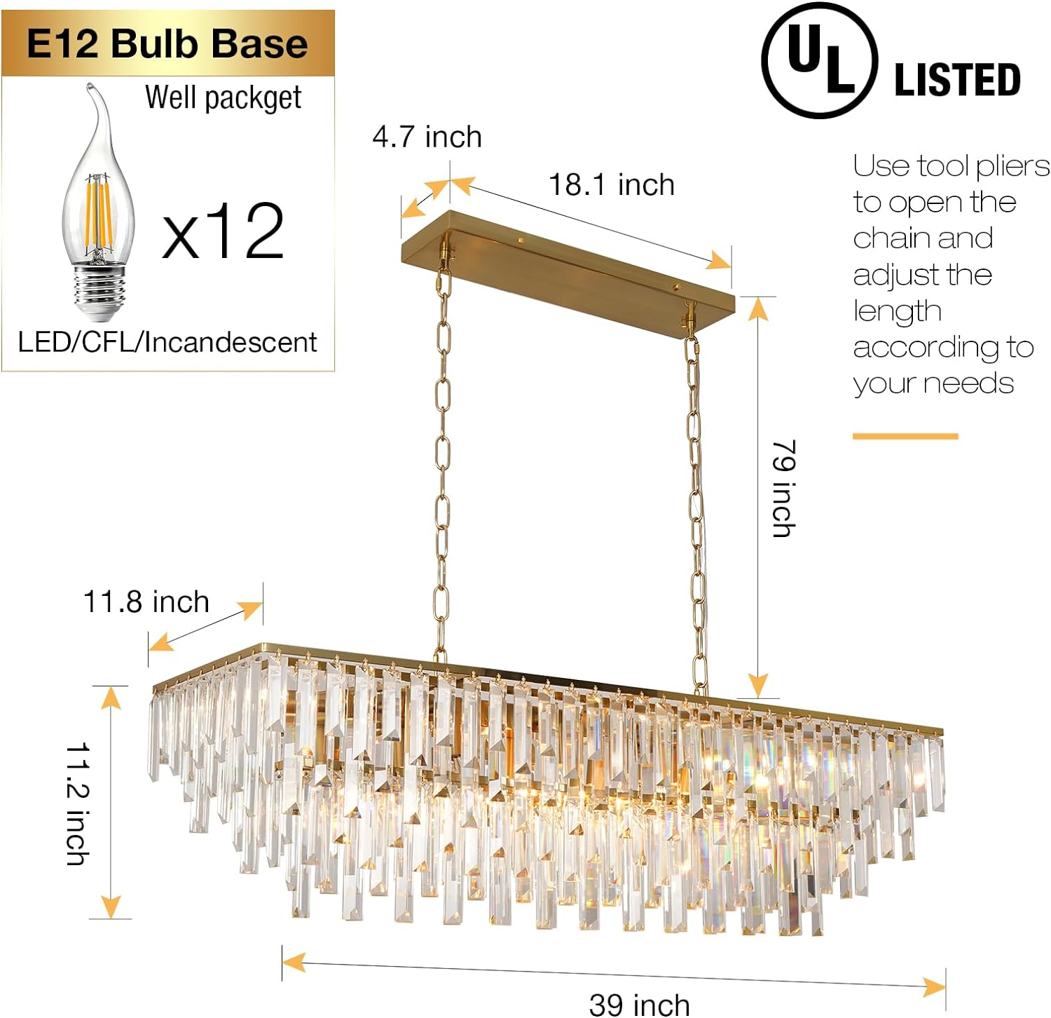 Meerosee contemporary Gold K9 Crystal Chandelier Modern Rectangular Pendant Light