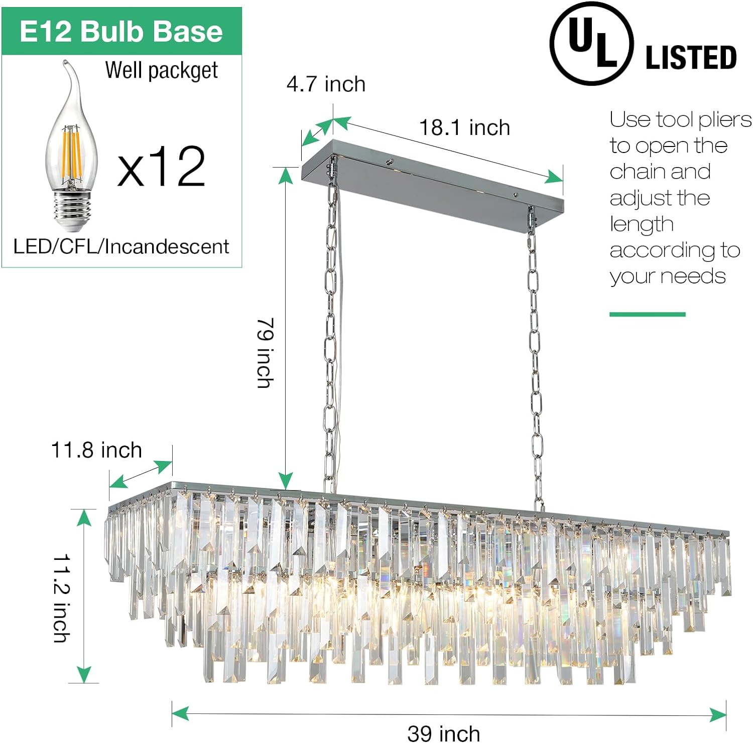 Meerosee Chrome K9 Crystal Chandelier Rectangle Modern Rectangular Pendant Lighting