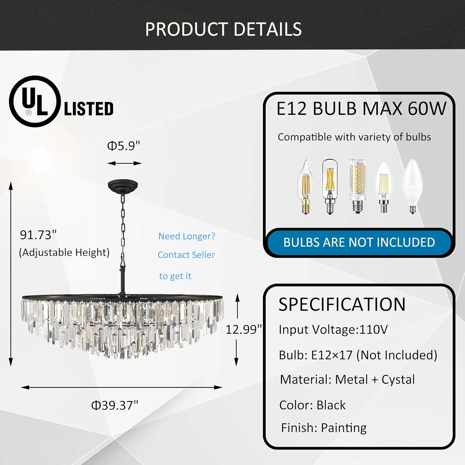 Modern Black Pendant Lamp Contemporary Gold 4/5/6/7-Tier k9 Crystal Chandelier Light