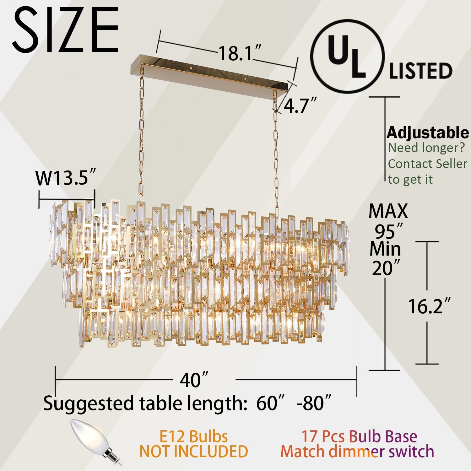 Crystal Chandeliers for Dining Room Modern Gold Rectangle Contemporary Pendant Lighting