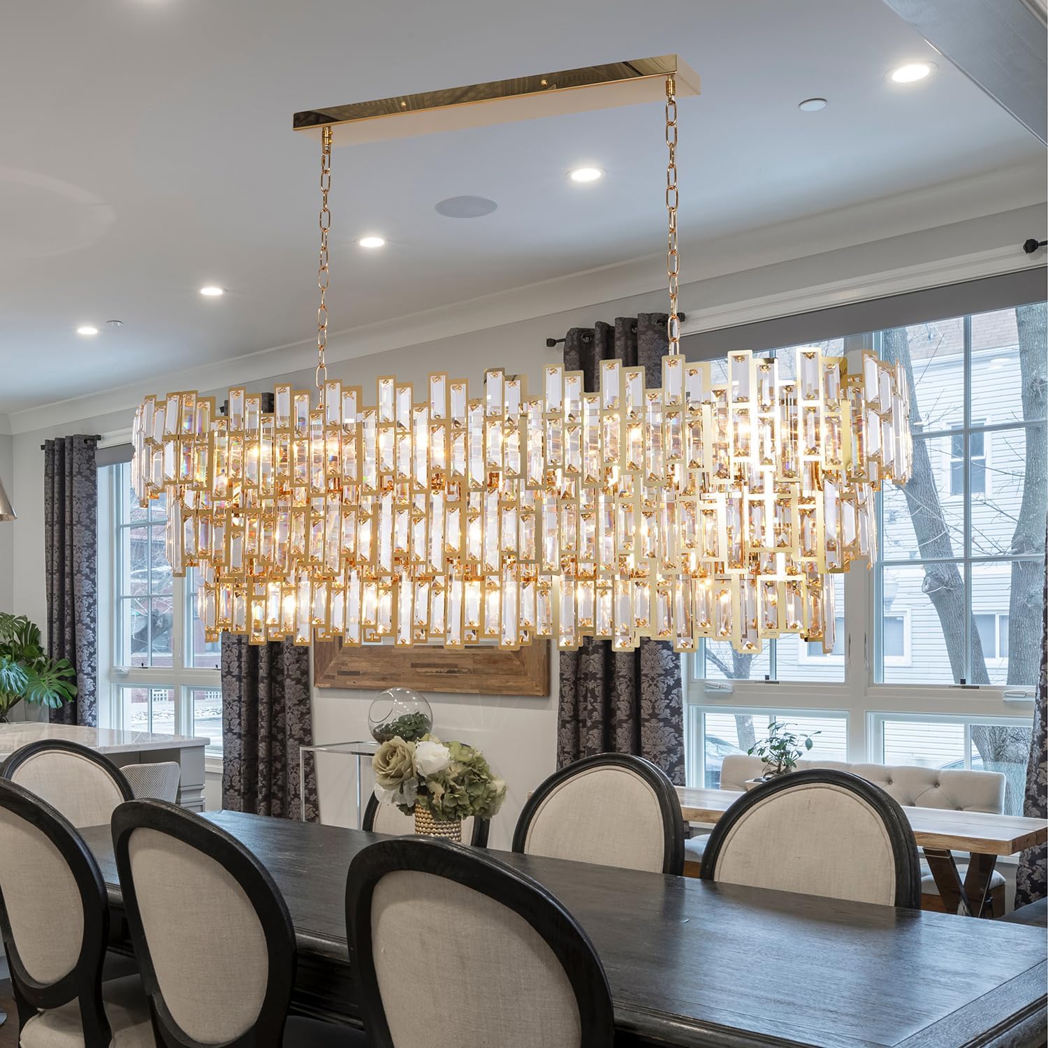 Crystal Chandeliers for Dining Room Modern Gold Rectangle Contemporary Pendant Lighting