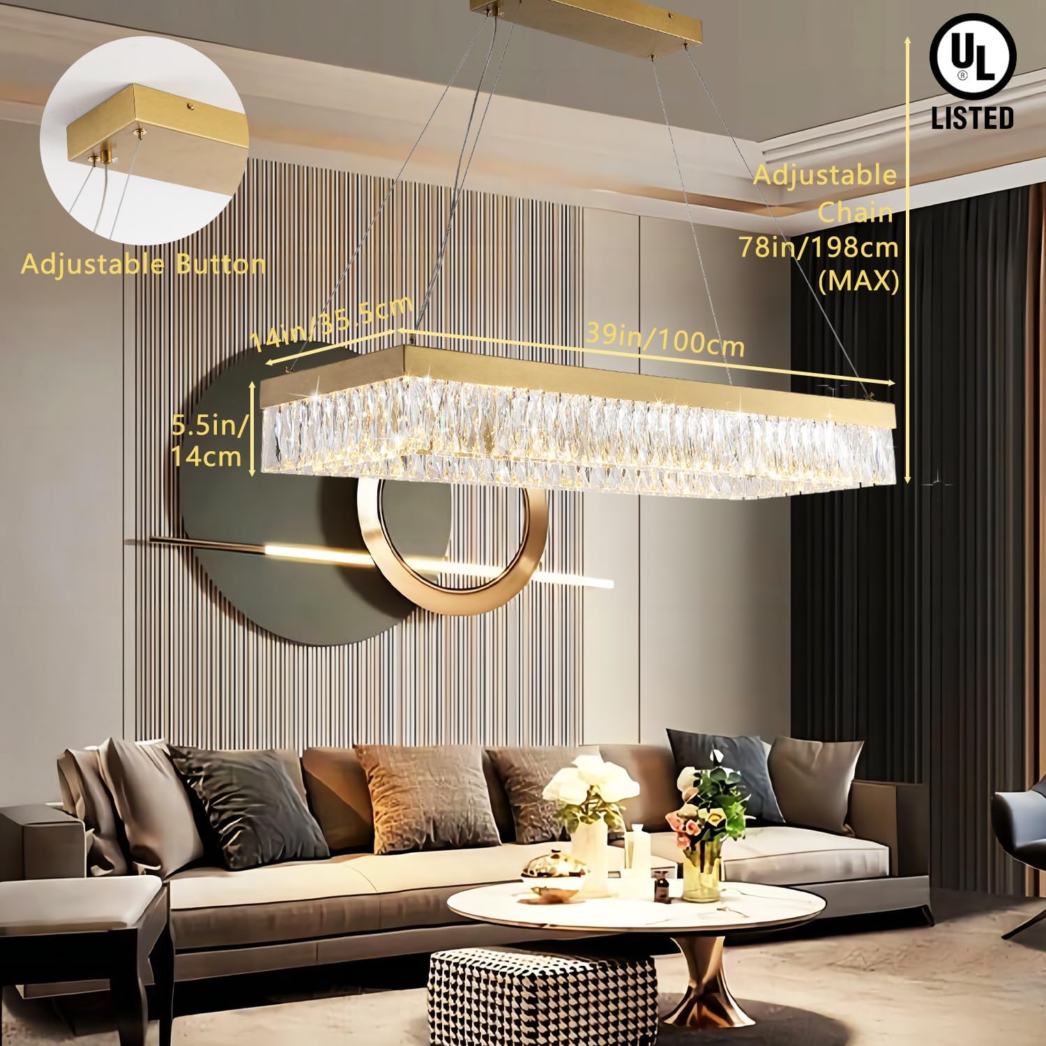 Modern Gold Luxury Crystal Chandelier L39/L47 Inch Contemporary Pendant Lamp