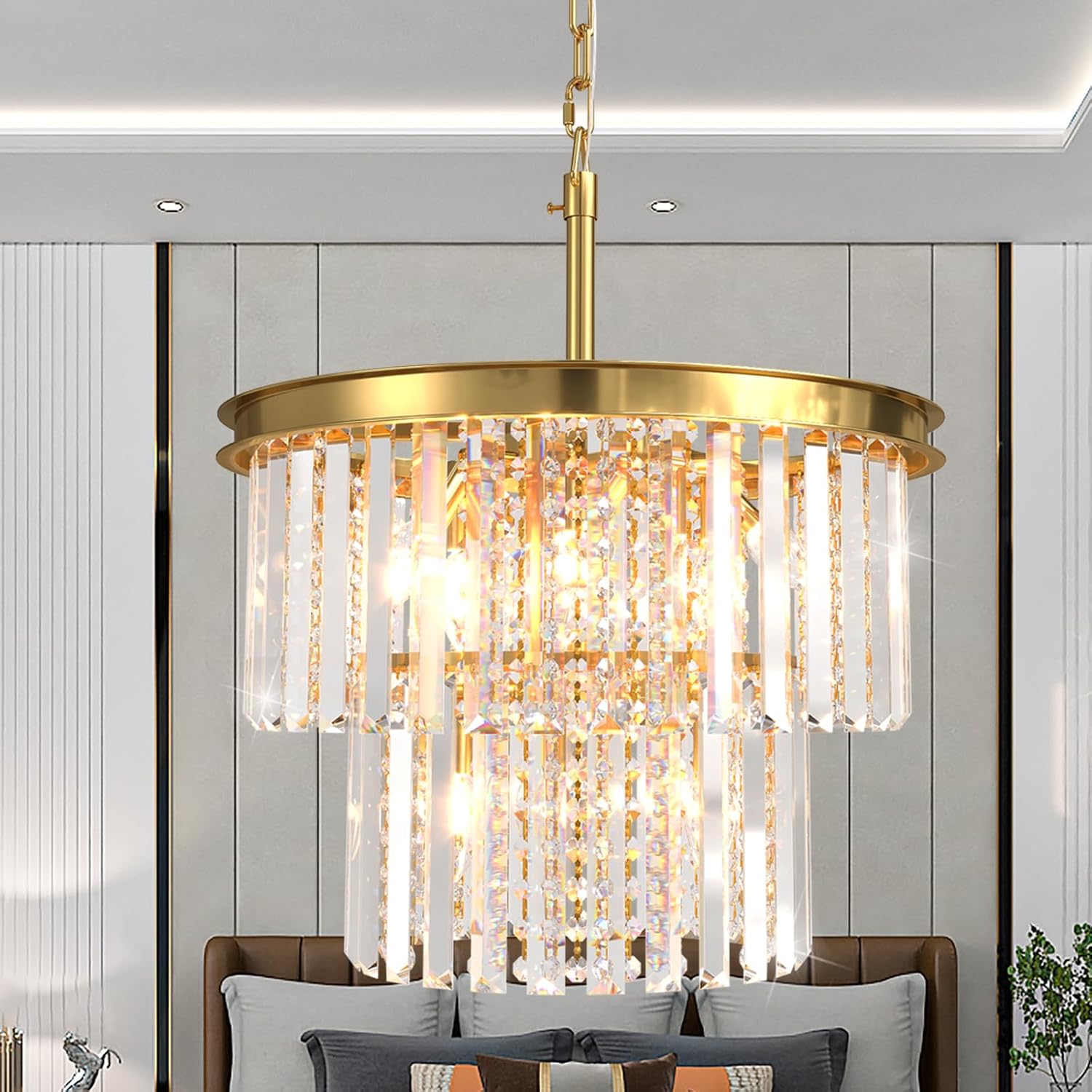 Modern Luxury Crystal Chandelier Light Gold/Chrome Pendant Lamp for Foyer Entrance Hallway