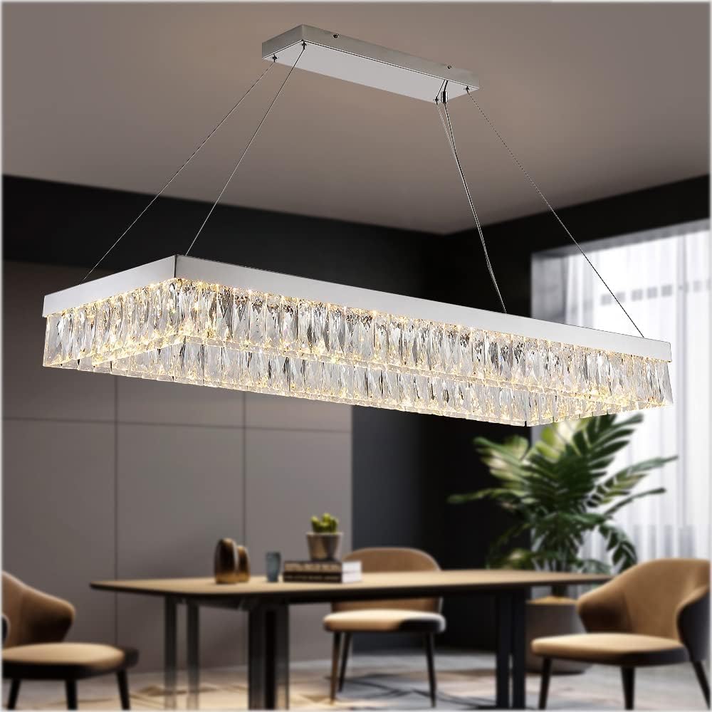 Modern LED Rectangula Crystal Chandelier Chrome Kitchen Island Ceiling Light