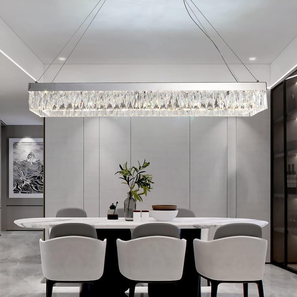 Modern LED Rectangula Crystal Chandelier Chrome Kitchen Island Ceiling Light