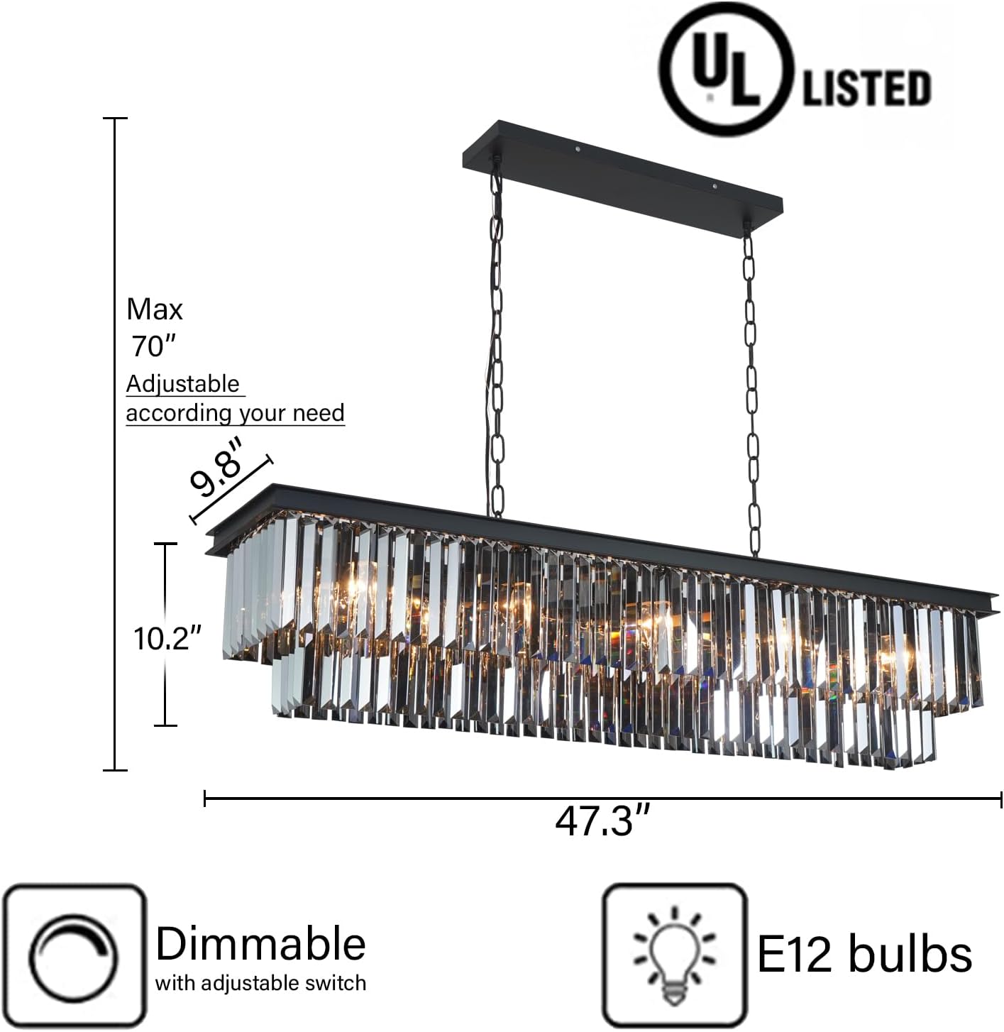 Modern Smoke K9 Crystal Chandelier Light  Black Elegant Pendant Ceiling Lamp