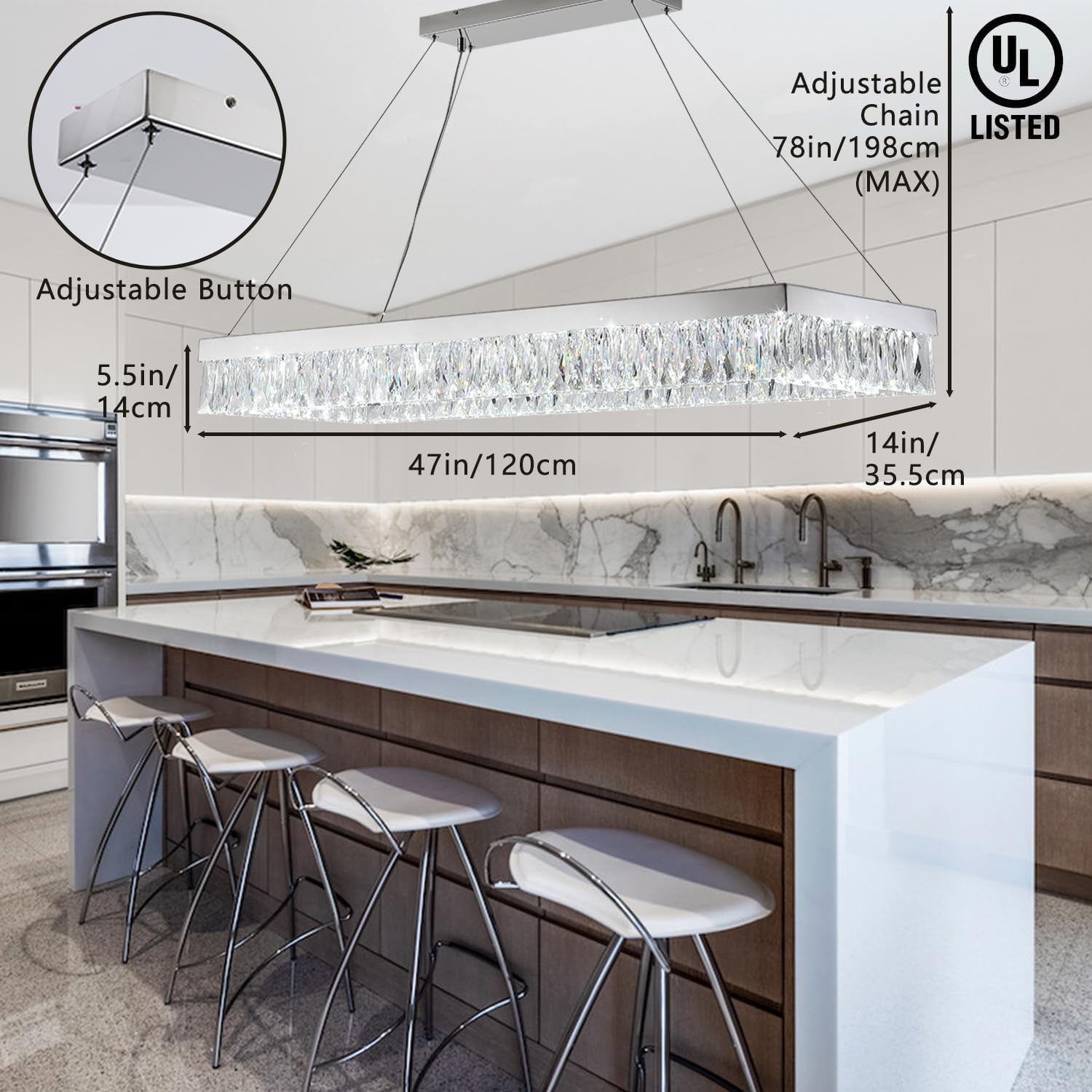 Modern LED Rectangula Crystal Chandelier Chrome Kitchen Island Ceiling Light