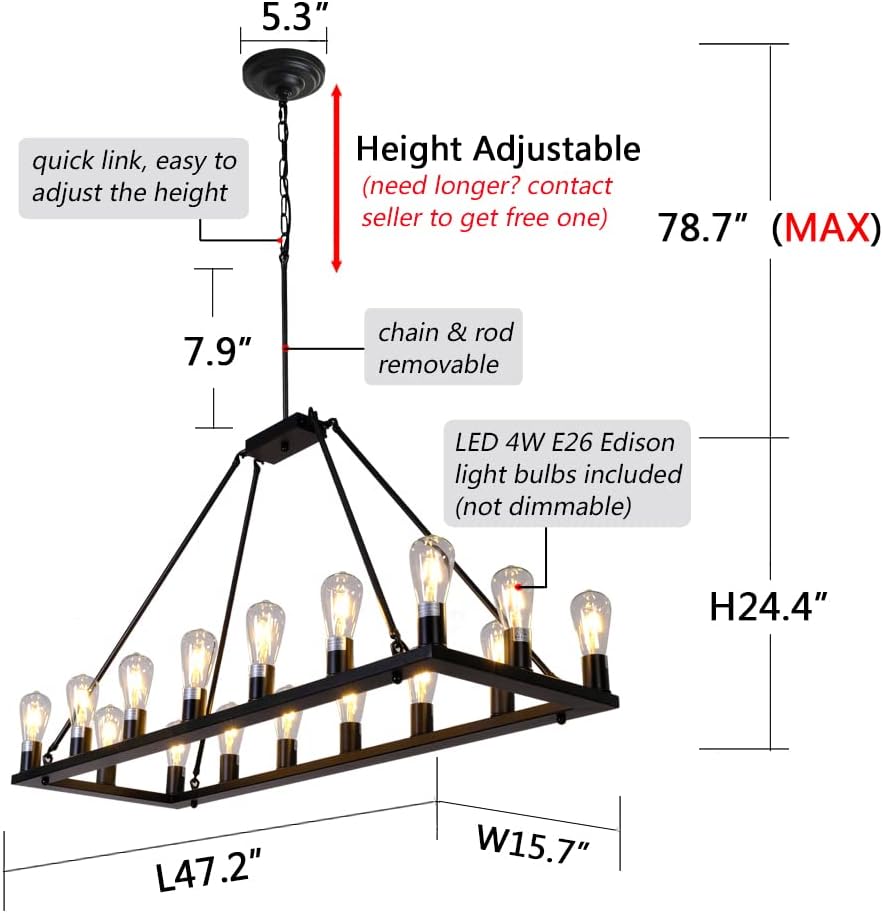 Rectangle Vintage Chandelier Kitchen Island Rustic Pendant Farmhouse Antique Industrial Ceiling Light