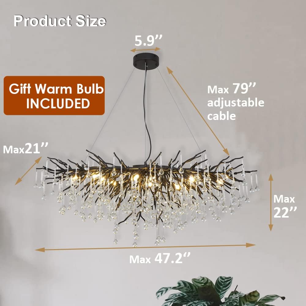 Modern Crystal Tree Branch Chandelier Rectangle Oval Raindrop Black Indoor Pendant Light