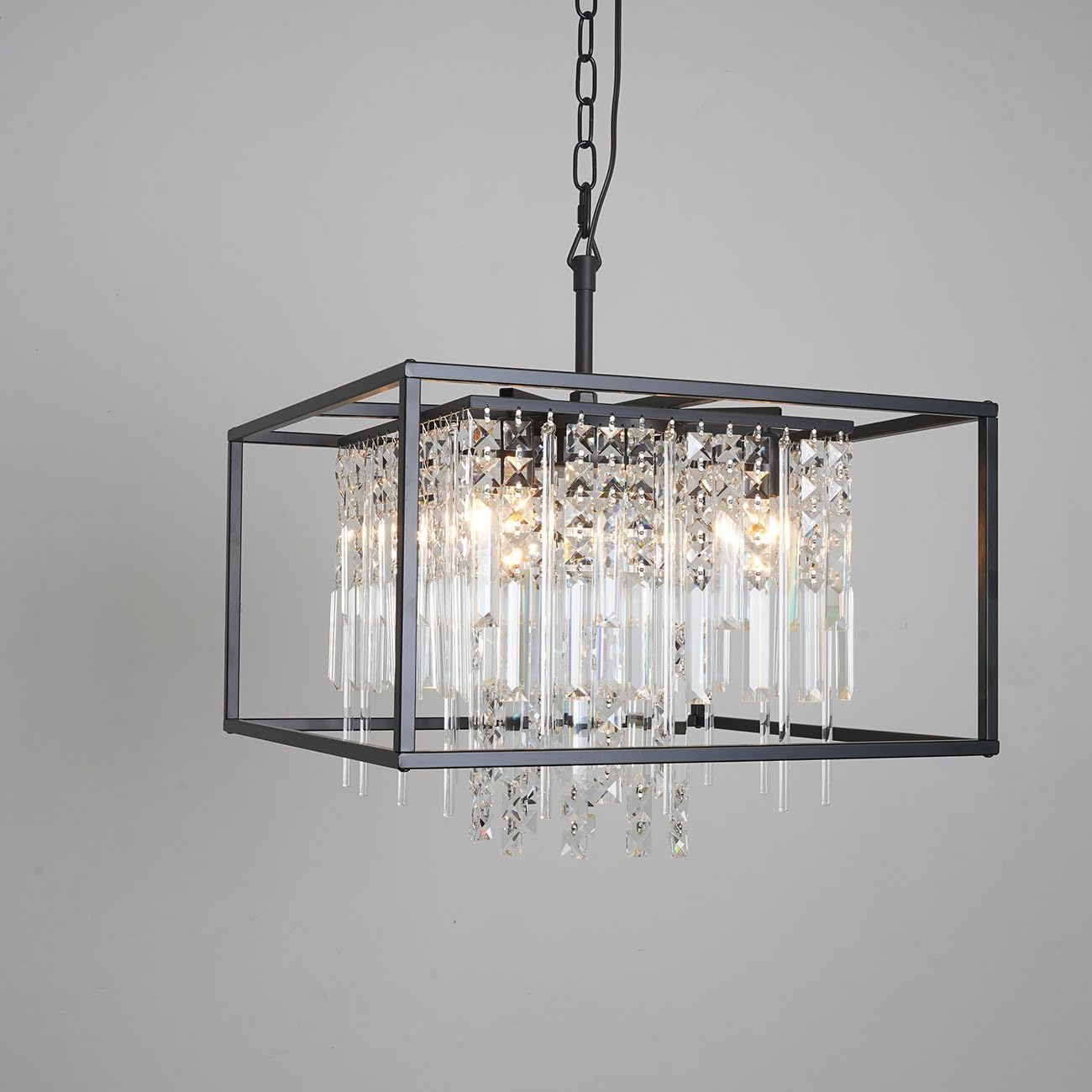 Modern Farmhouse Black Crystal Industrial Pendant Light Fixture Luxury Square Chandeliers