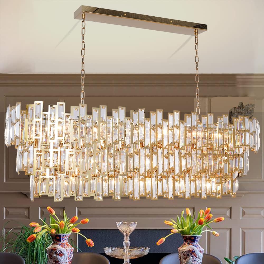 Crystal Chandeliers for Dining Room Modern Gold Rectangle Contemporary Pendant Lighting