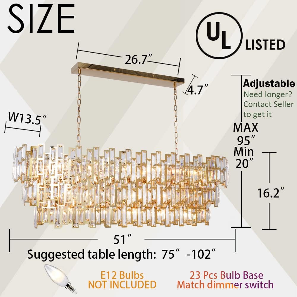 Crystal Chandeliers for Dining Room Modern Gold Rectangle Contemporary Pendant Lighting