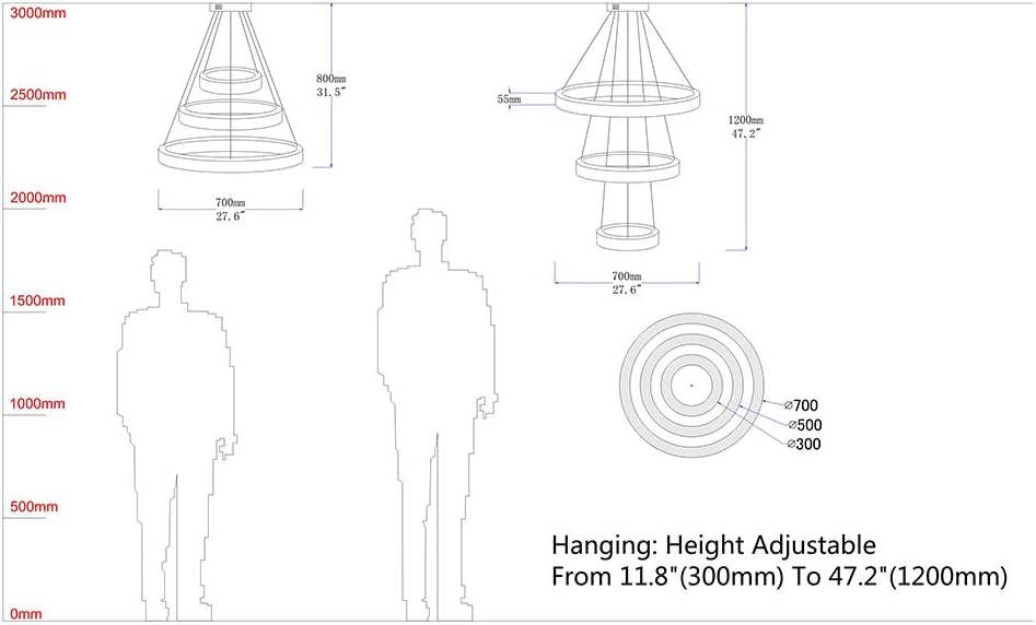 Meerosee Modern Chandelier Light LED Pendant Lamp Adjustable Stainless Steel 2/3 Rings