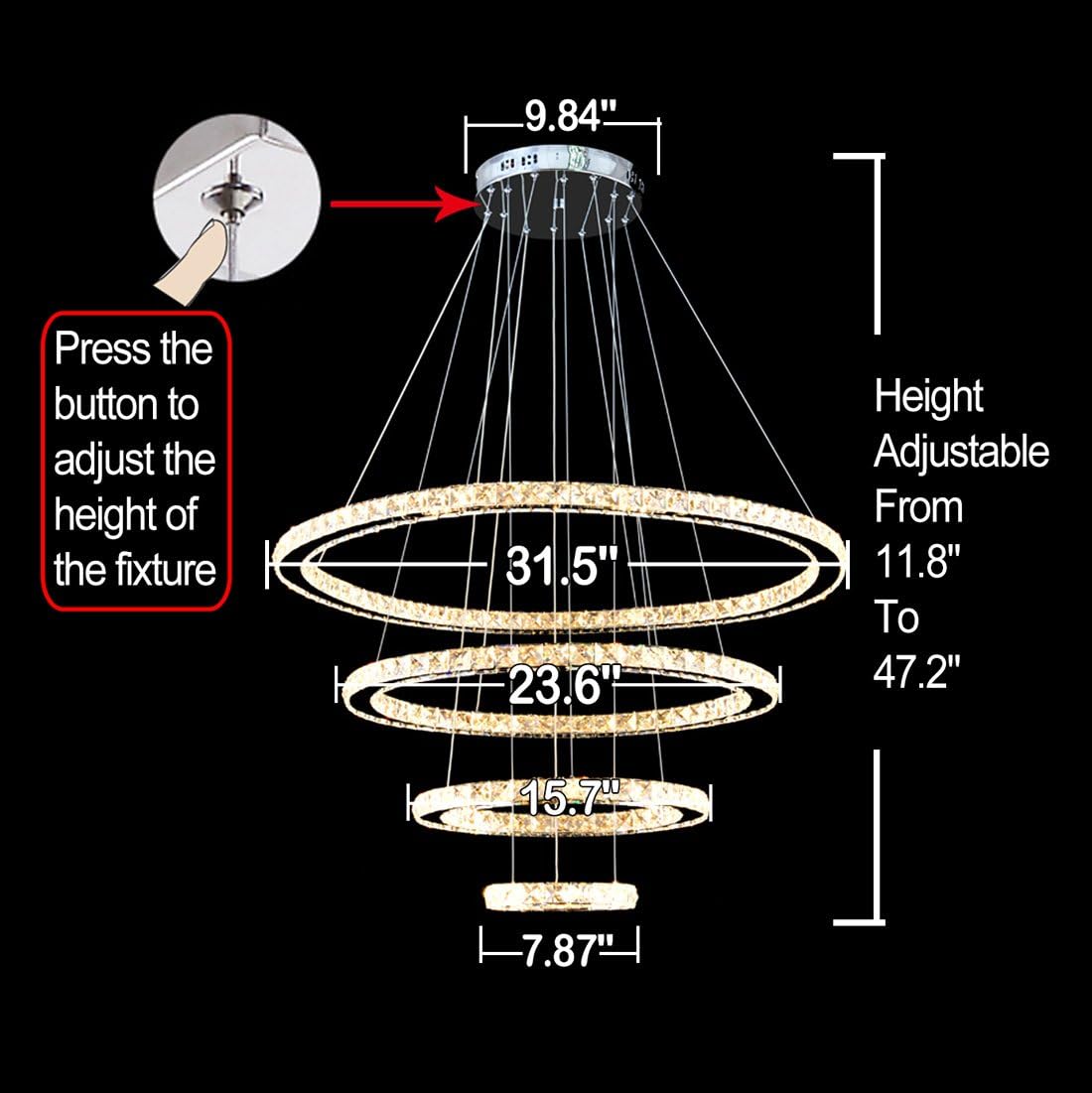 Modern Crystal LED Chandeliers 3/4 Rings Adjustable Stainless Steel Cable DIY Design