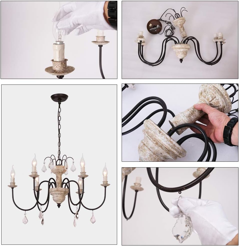 Retro French Chandelier White Distressed Wood Rust Metal Arms Candle Pendant Lamp W27.6''