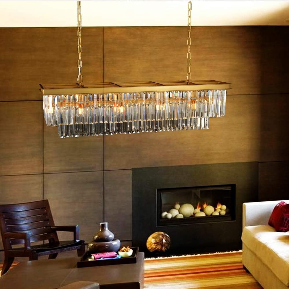 Meerosee L39.4 W10.2 Gold Rectangle Modern Crystal Chandeliers Lighting Pendant Ceiling Lights