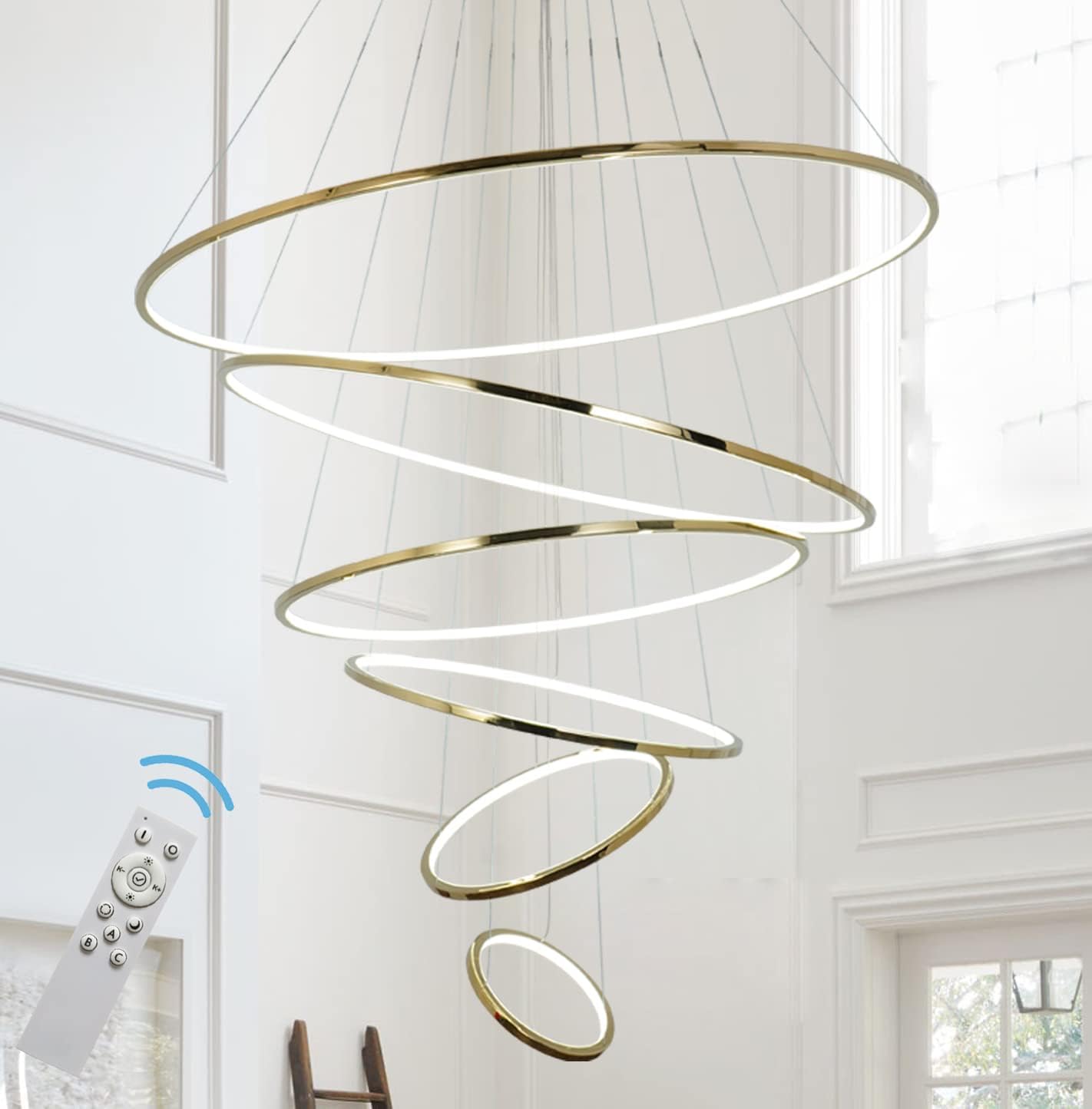 Modern Led Gold Chandelier for High Ceiling Entrance 6 Ring Dimmable 47.2 inch