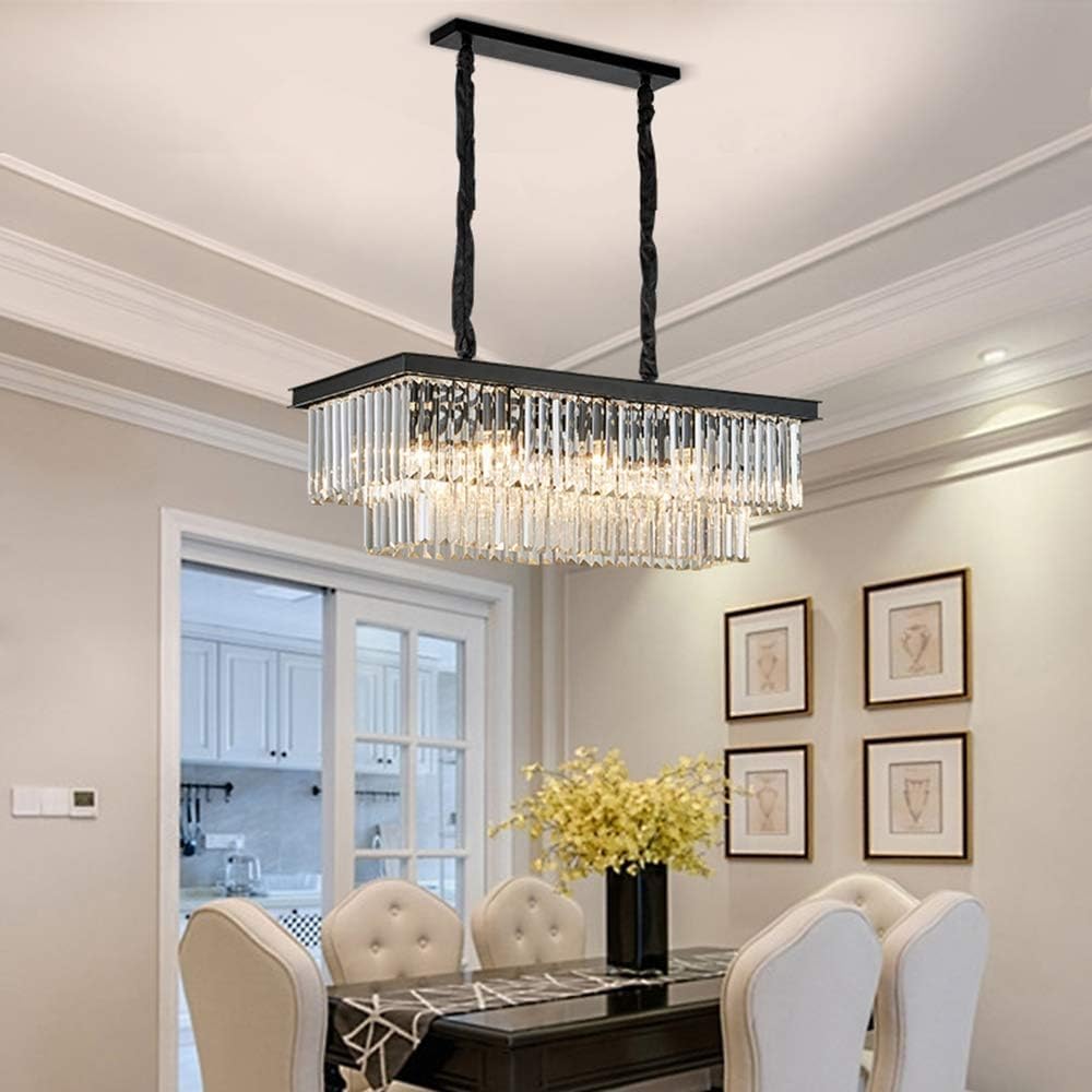 Modern K9 Crystal Chandelier Black Pendant Light Fixture L33.5 Inch/ L39.4Inch