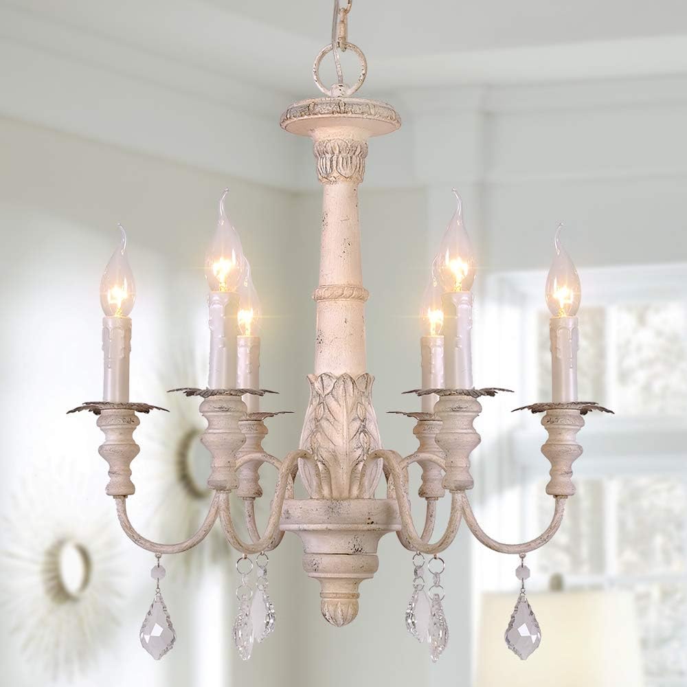 French Country Candle-Style Chandelier White Distressed Wood Pendant Lighting W20.8''