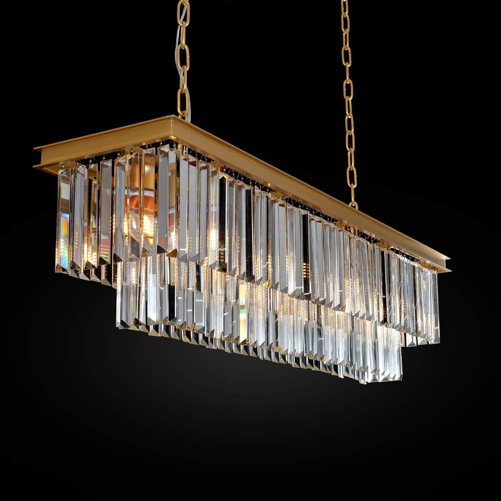 Meerosee L39.4 W10.2 Gold Rectangle Modern Crystal Chandeliers Lighting Pendant Ceiling Lights