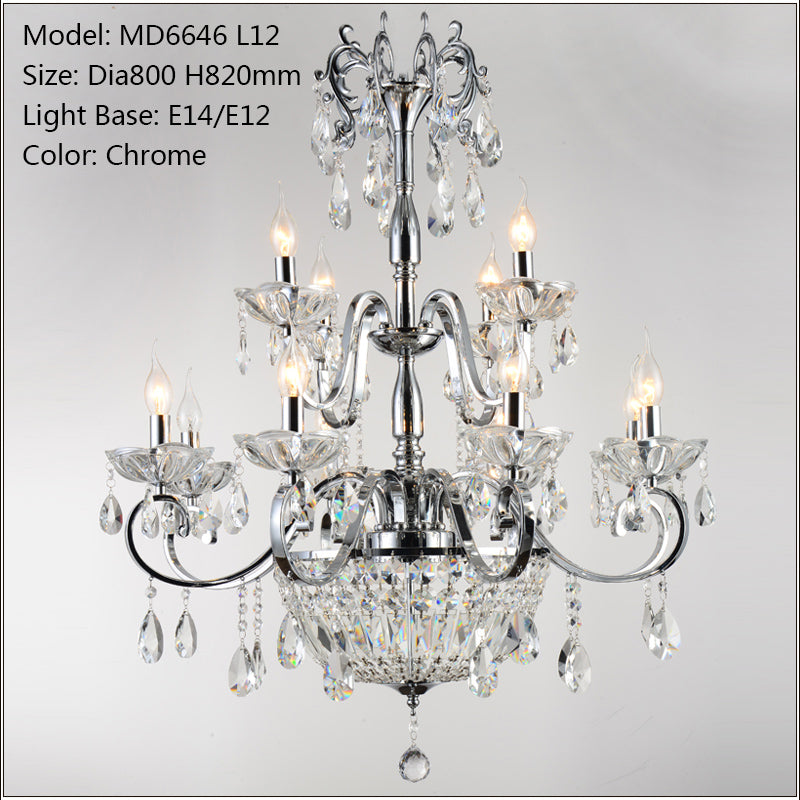 Modern Wrought Iron Crystal Chandelier Light Fixture 2 tiers E12 Chrome Pendant Lamp