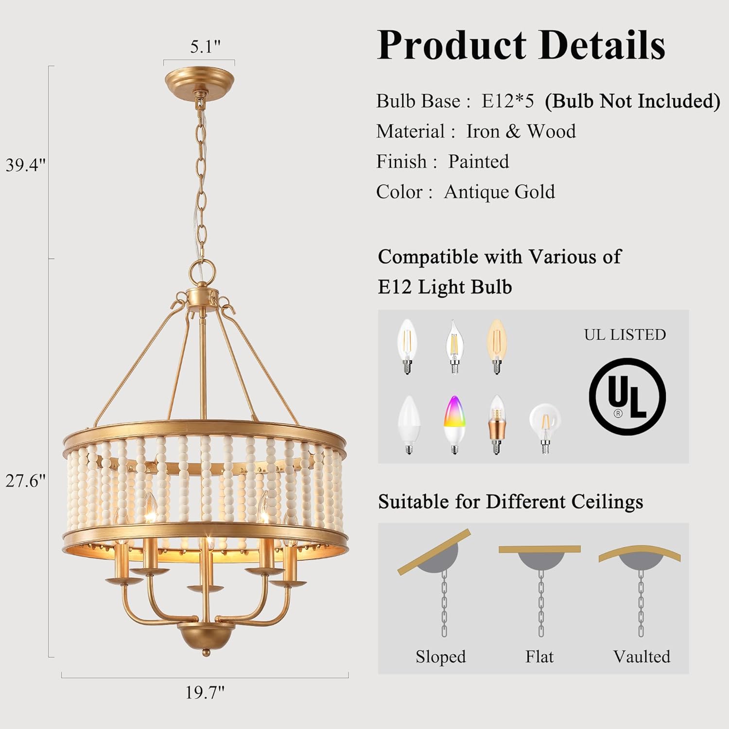 Wood Beaded Distressed Farmhouse Chandeliers 5-Light W19.7 Retro Antique White Pendant Lamp