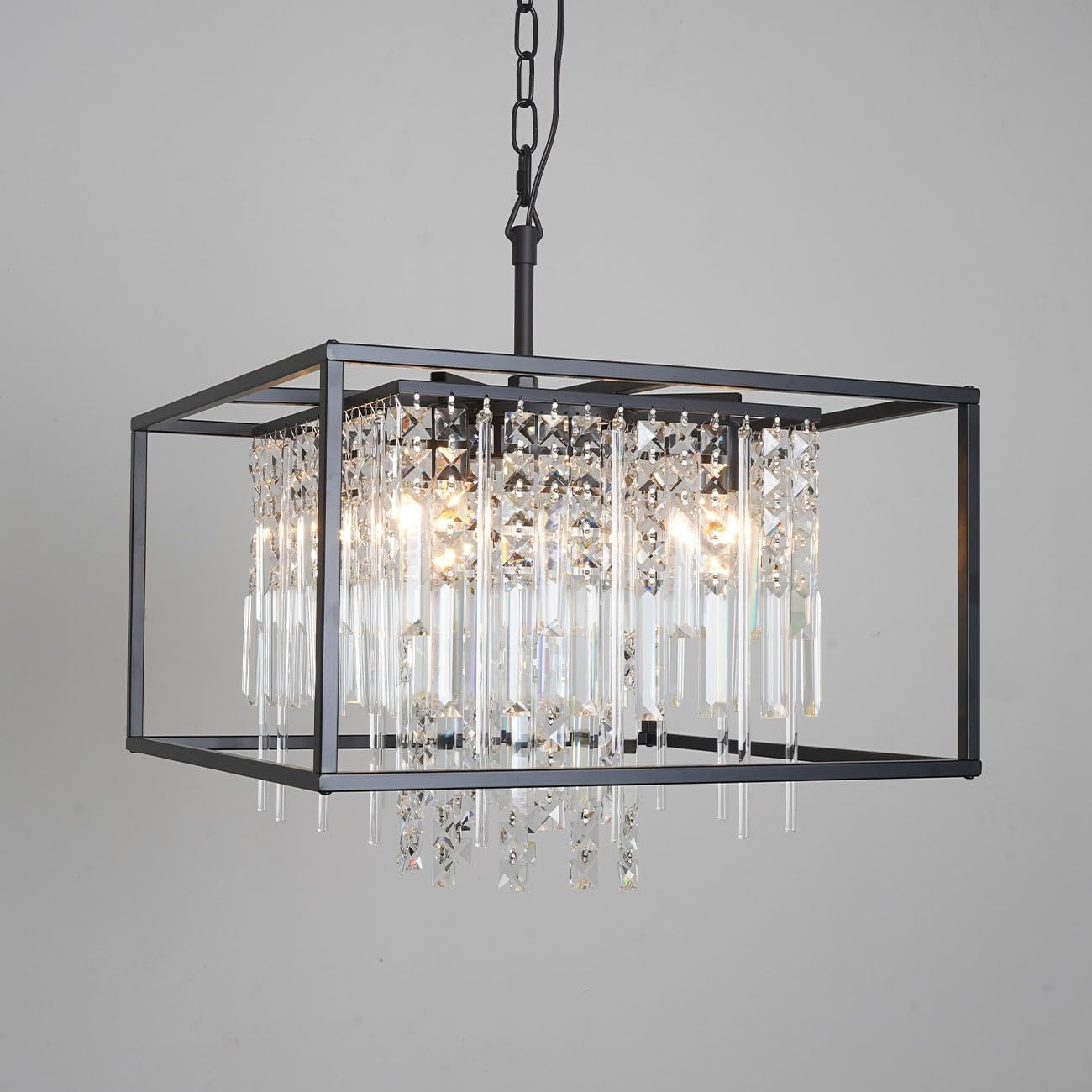 Modern Farmhouse Black Crystal Industrial Pendant Light Fixture Luxury Square Chandeliers