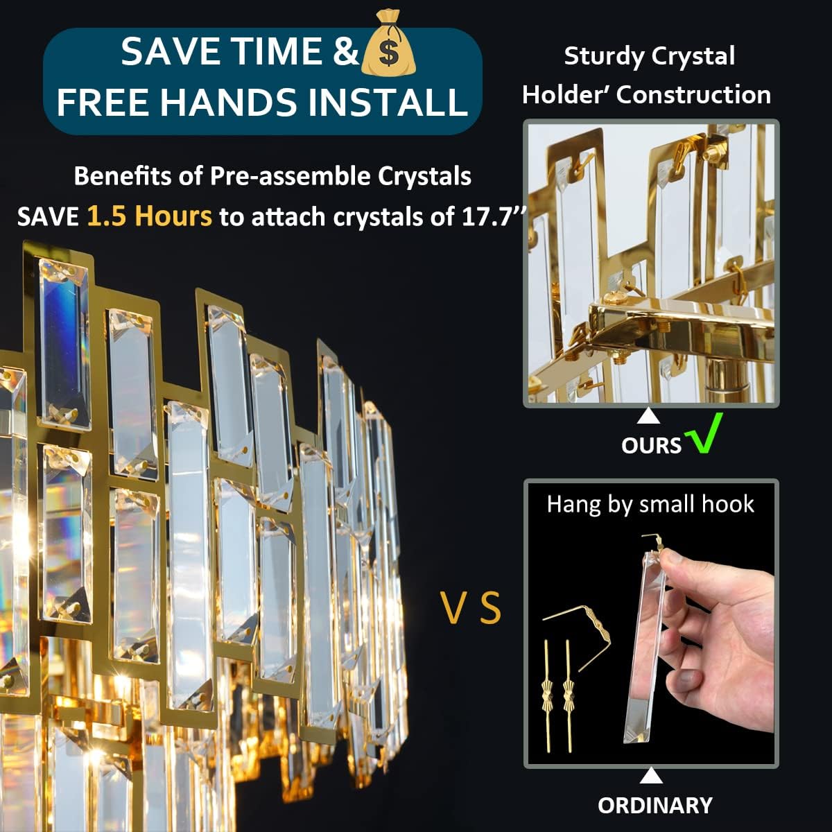 Gold Crystal Chandelier Lighting Modern Ceiling Hanging Pendant Lamp D17.7/24.4/38.5''