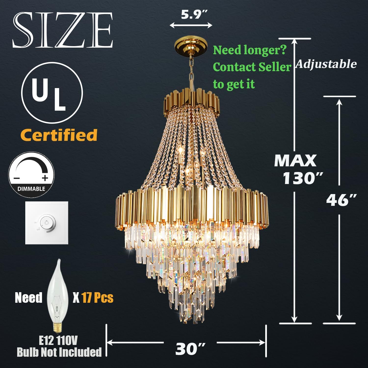 Gold Crystal Chandelier Lighting 17 Lights Long 30'' Foyer Hall Entry Way Pendant Light Fixture