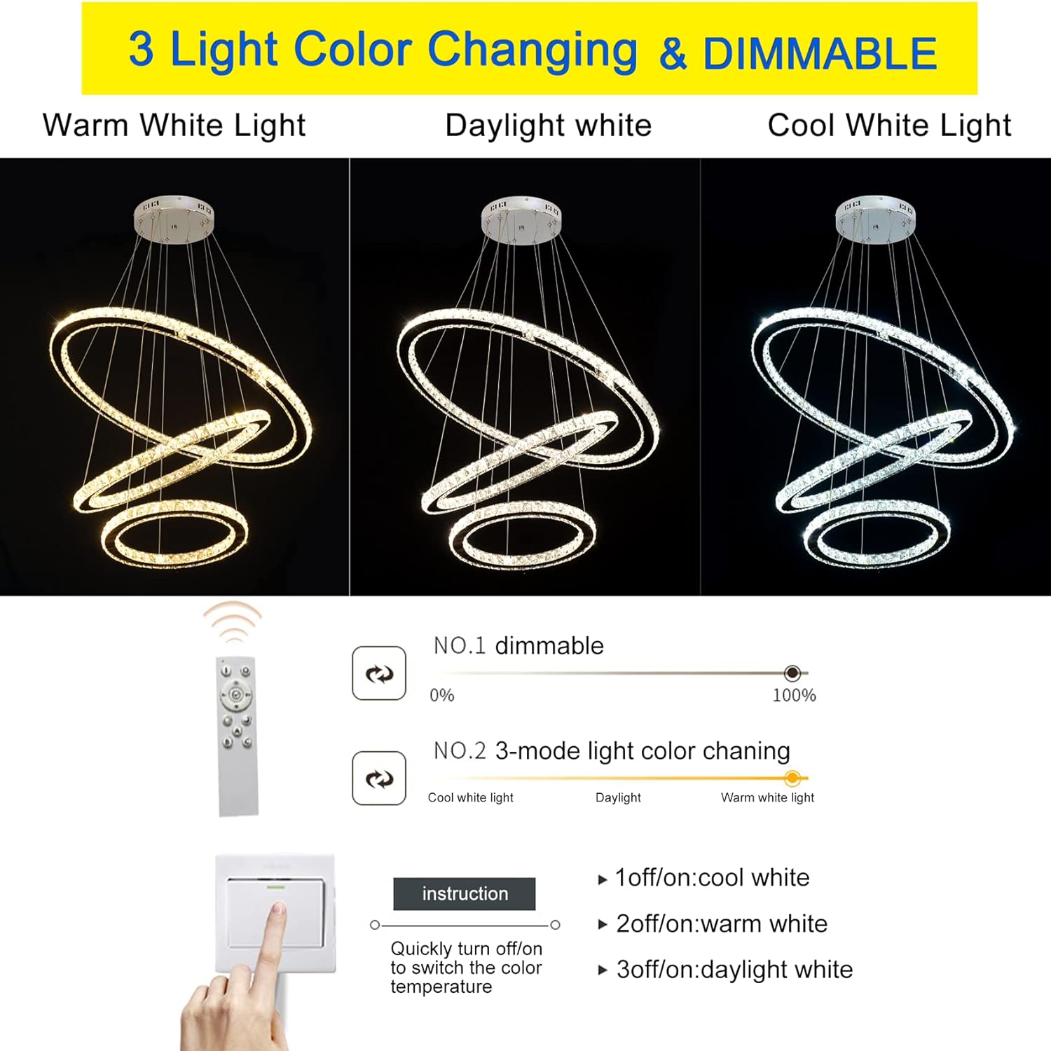 Crystal Chandeliers Dimmable Modern LED Pendant Lights 3-Mode Light Color Change