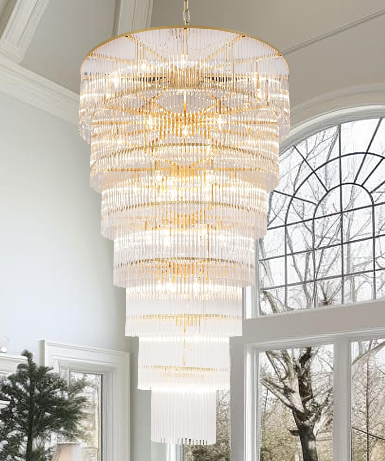 Large Gold Chandeliers Modern High Ceiling Pendant Glass 7-Tier Foyer Entryway Lighting