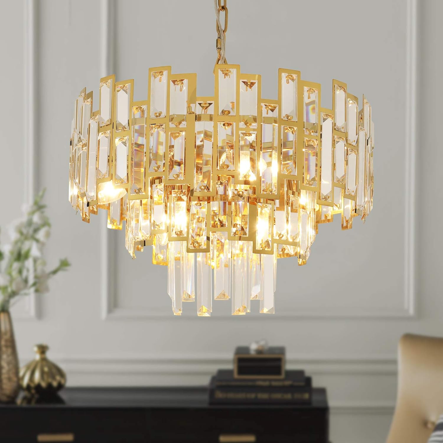 Gold Crystal Chandelier Lighting Modern Ceiling Hanging Pendant Lamp D17.7/24.4/38.5''