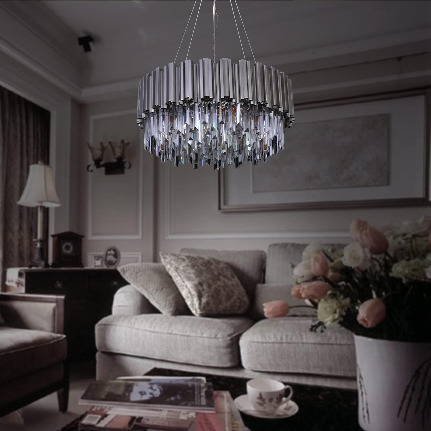 Nickel Luxury Modern Crystal Chandelier Contemporary Pendant Ceiling Lights W22/W28''