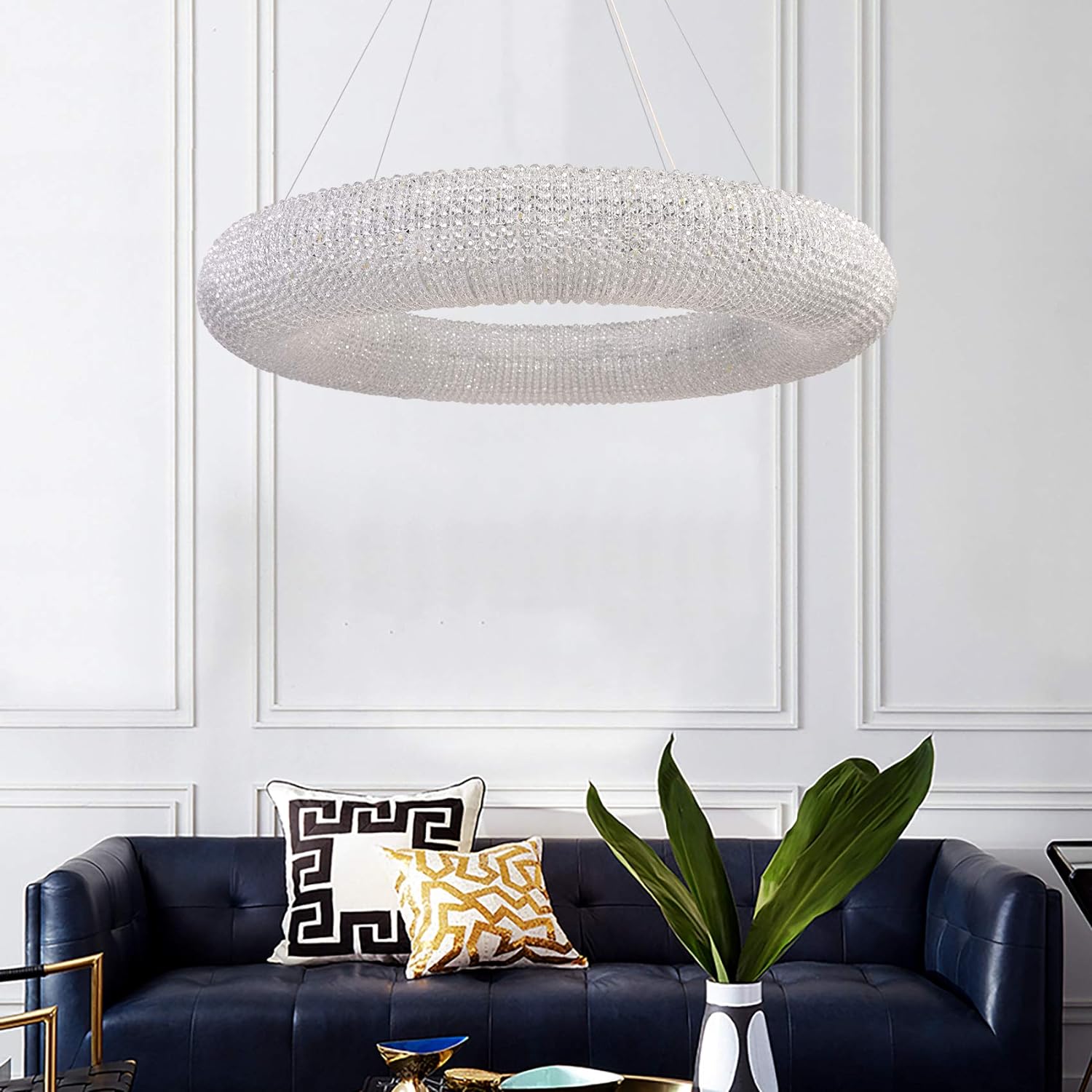 Modern Crystal Pendant Lamp Adjustable Stainless Steel Cable D31.49”