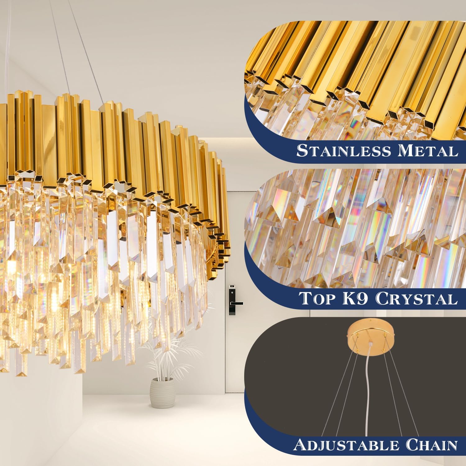 Meerosee Gold Chandeliers Modern Crystal Pendant 2-Tier 8 Lights for Dining Rooms