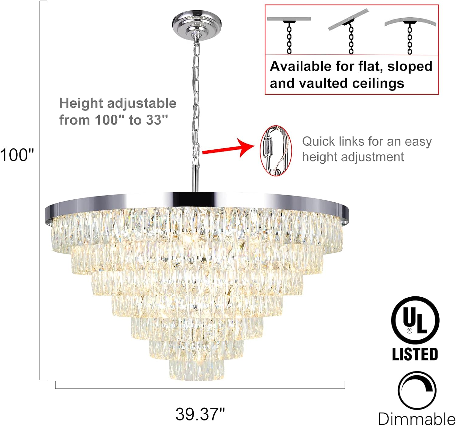 Modern Crystal Chandeliers Chrome Pendant Ceiling Light Fixture D39.37'' Chrome