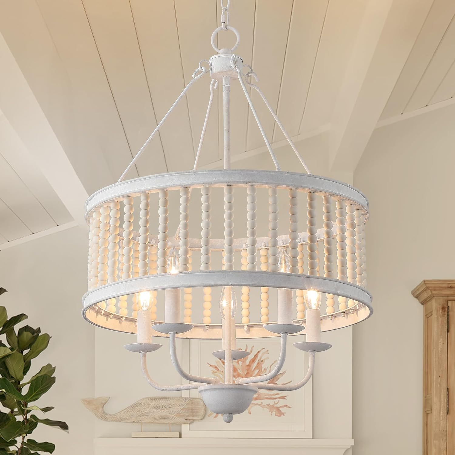 Wood Beaded Distressed Farmhouse Chandeliers 5-Light W19.7 Retro Antique White Pendant Lamp