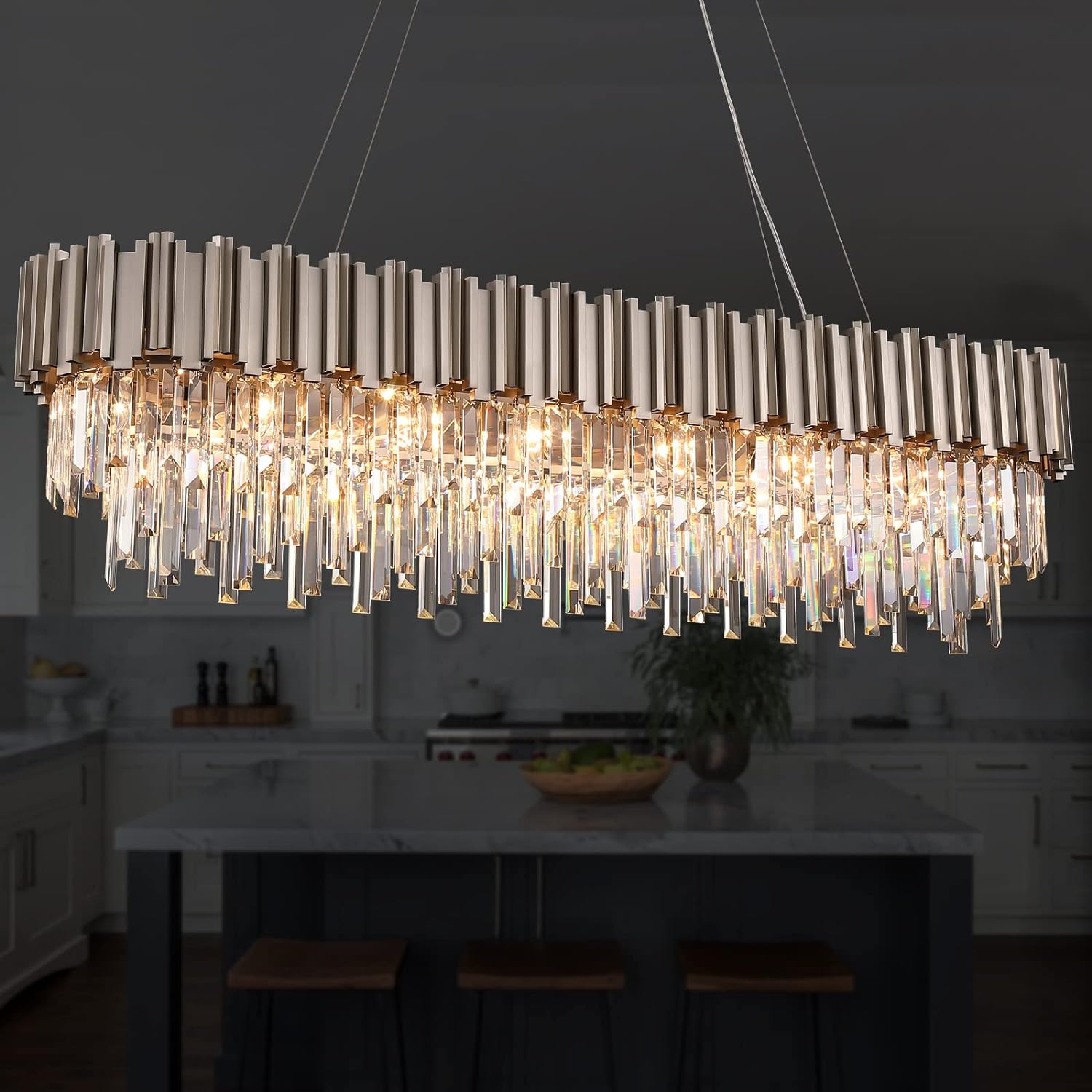 Nickel Rectangle Crystal Chandelier for Dining Room Modern Luxury Pendant Light