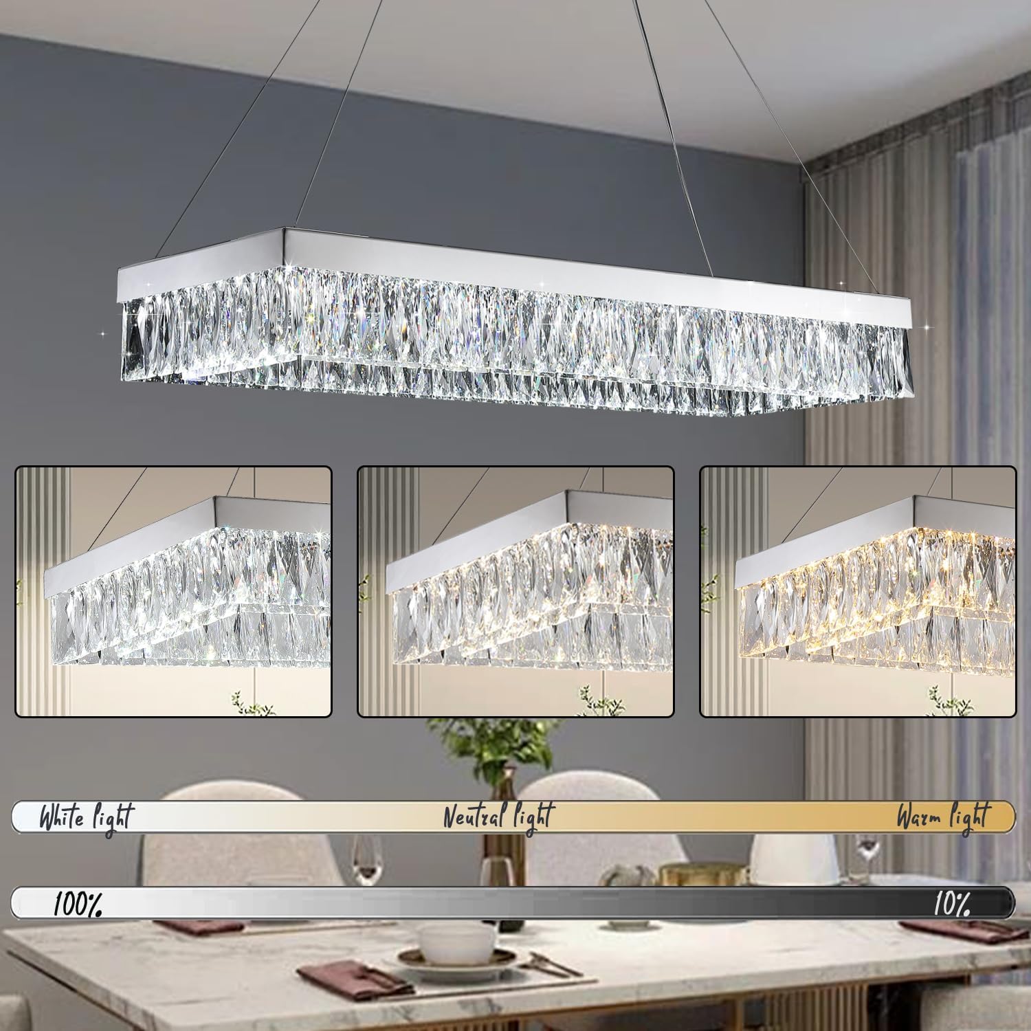 Modern LED Rectangula Crystal Chandelier Chrome Kitchen Island Ceiling Light