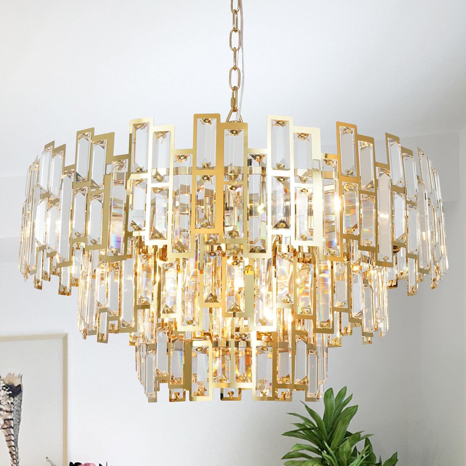 Crystal Chandelier Plated Gold Modern Round Pendant Ceiling Light 3/4 Tier