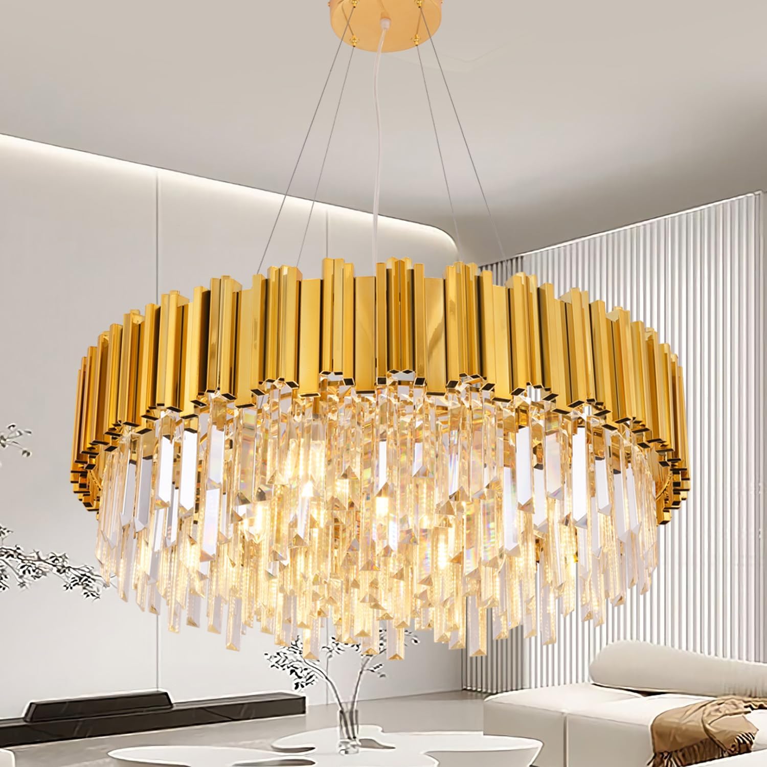 Meerosee Gold Chandeliers Modern Crystal Pendant 2-Tier 8 Lights for Dining Rooms