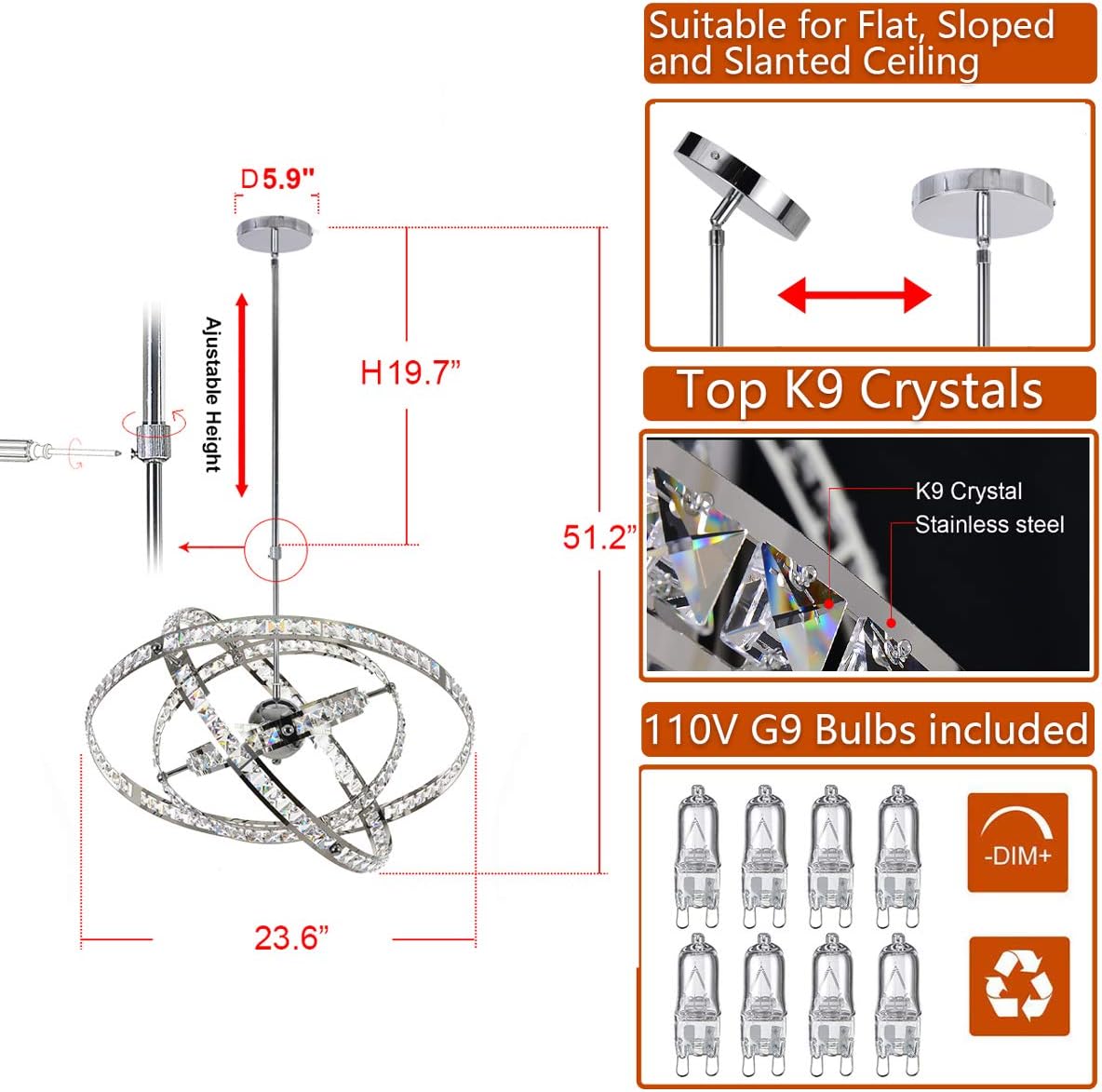 Crystal Chandeliers Contemporary Ceiling Light Adjustable Shape DIY Design D23.6 inches