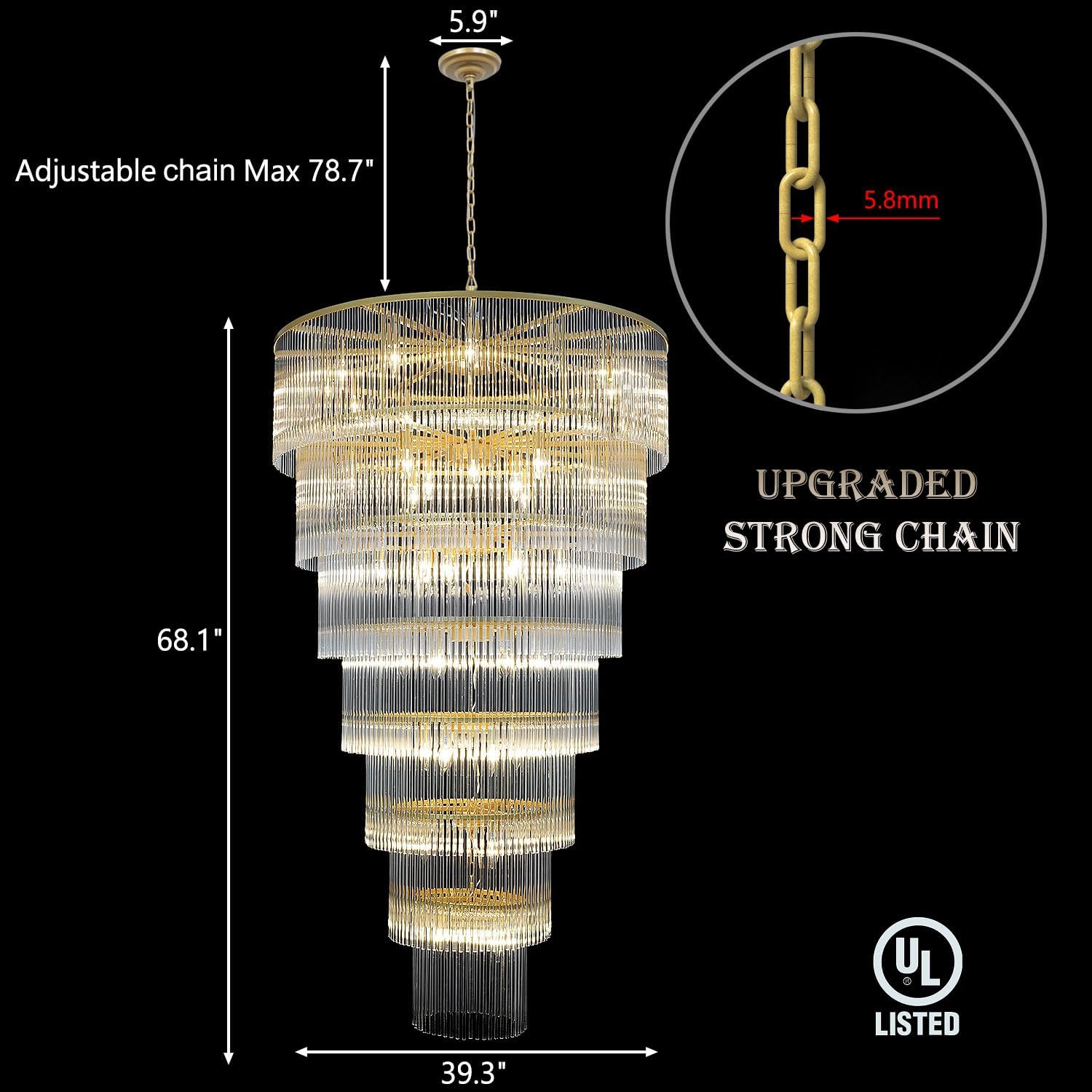 Large Gold Chandeliers Modern High Ceiling Pendant Glass 7-Tier Foyer Entryway Lighting