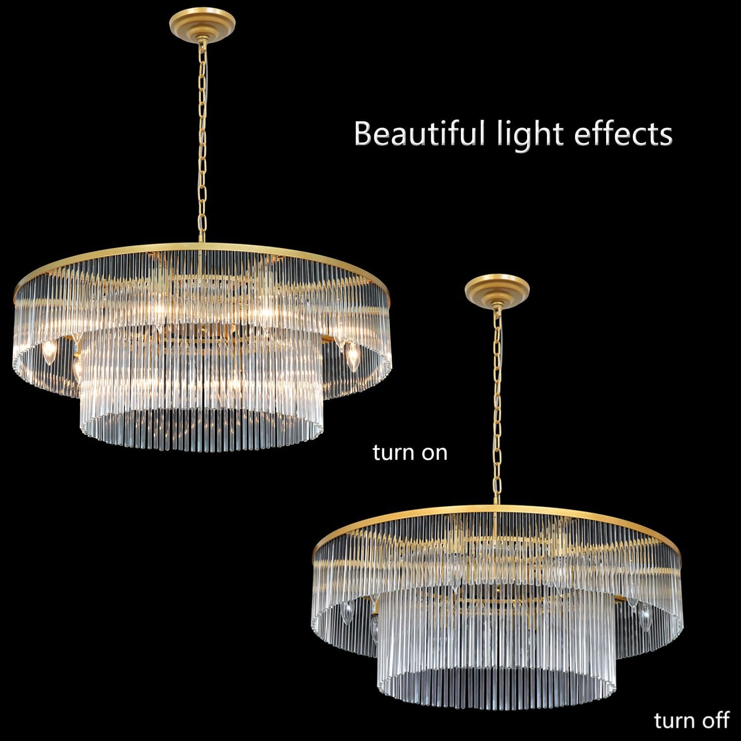 Modern Gold Chandeliers Light 2 Tier Round Crystal Glass Pendant Lamp High Ceiling for Foyer