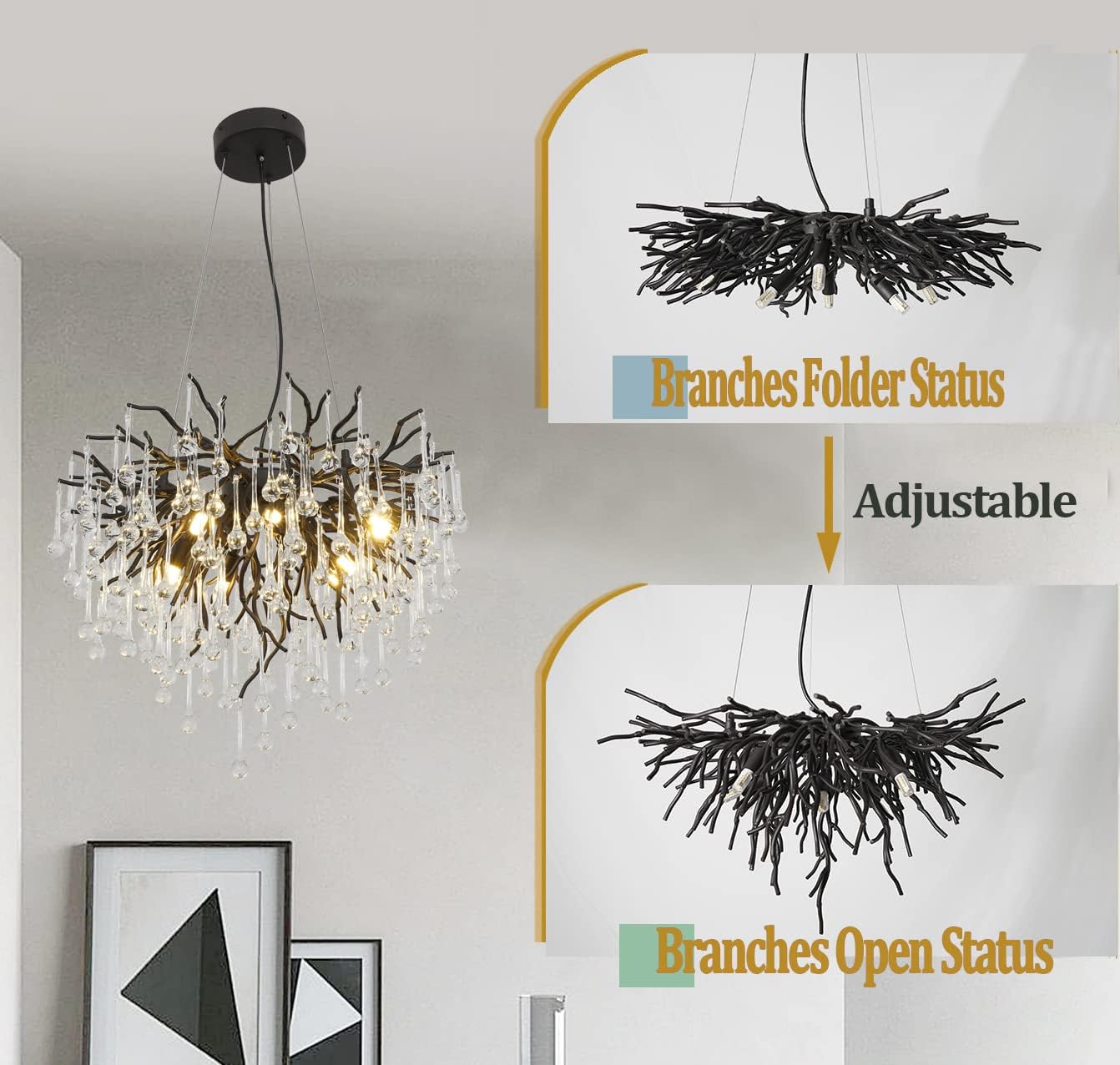 Modern Crystal Tree Branch Chandelier Rectangle Oval Raindrop Black Indoor Pendant Light