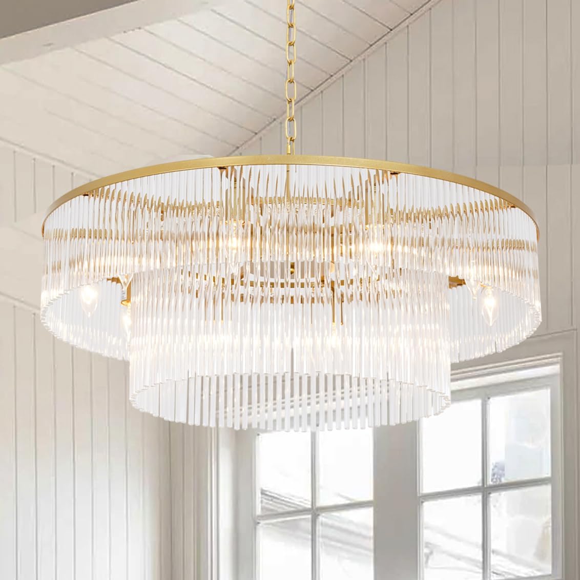 Modern Gold Chandeliers Light 2 Tier Round Crystal Glass Pendant Lamp High Ceiling for Foyer