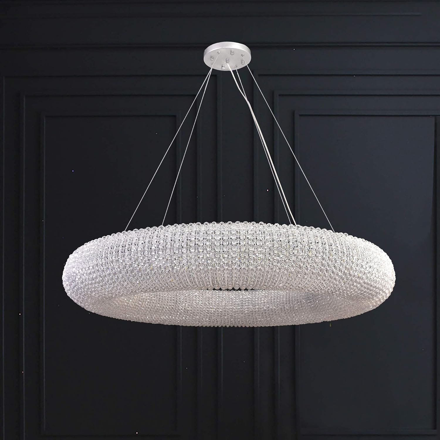 Modern Crystal Pendant Lamp Adjustable Stainless Steel Cable D31.49”