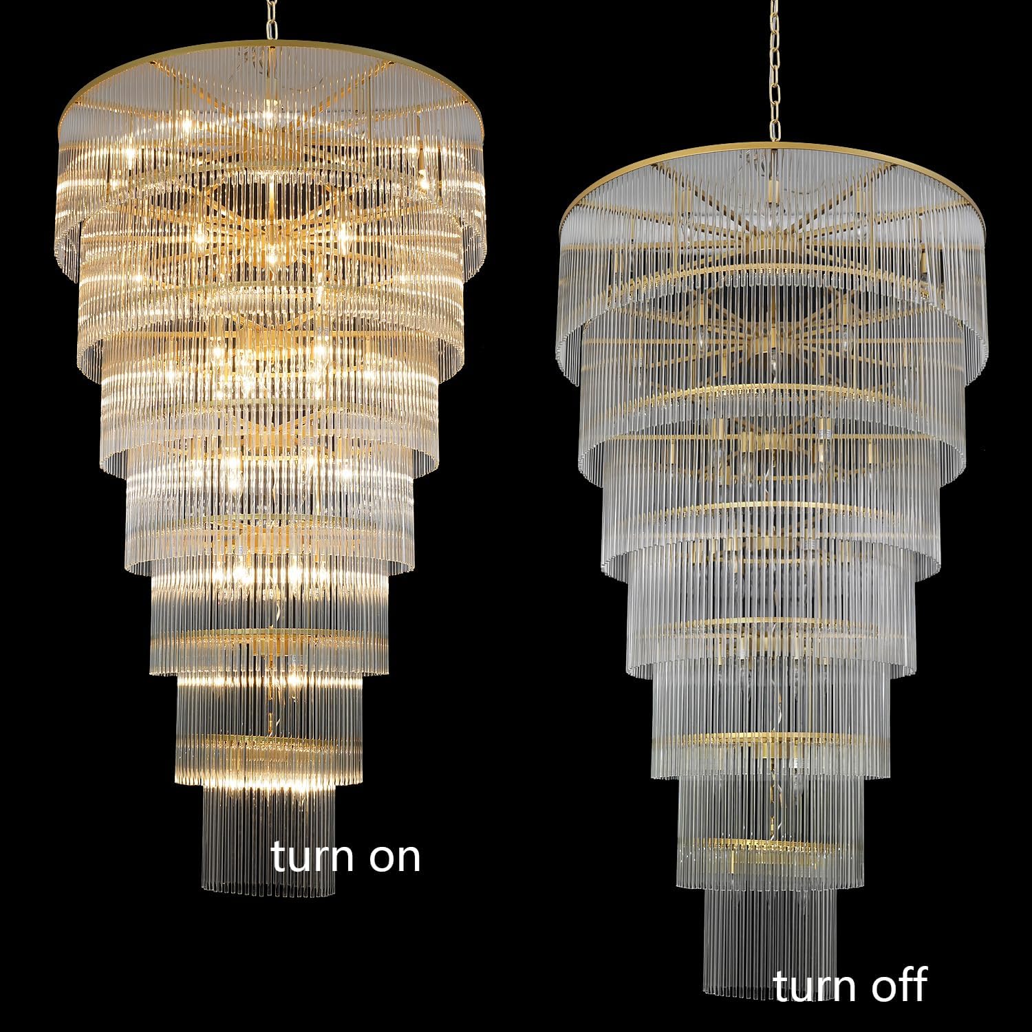 Large Gold Chandeliers Modern High Ceiling Pendant Glass 7-Tier Foyer Entryway Lighting